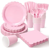 350Pcs Pink Paper Plates And Napkins Tableware Set (Serve 50), Pink Birthday Decorations Include Scalloped Plates Napkins Cups Plastic Spoons Forks Knives For Wedding, Baby Shower Birthday