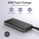 25w Portable Charger 10000mAh Power Bank with Built-in USB C Cable, Battery Pack Charger Portable LED Display Tavel Essential Phone Charger