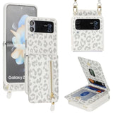 For Samsung Galaxy Z Flip 4 Case Wallet With Strap, Crossbody Strap Lanyard Card Holder Stand, Flip 4 Phone Case Cute, Leather Zipper Pocket Cover - Leopard White