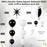 36Pcs Black And White Square Foil Balloons Wall Backdrop With 147Pcs Balloon Garland Arch Kit, Double Sided Balloons For Birthday Anniversary Wedding Engagement Graduation Party Decorations
