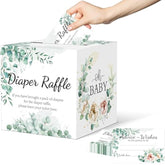 Baby Shower Games, Greenery Diaper Raffle Box For Baby Shower, 50 Pcs Diaper Raffle Tickets Card Box With Advice And Wishes For The Parents-To-Be, Baby Shower Decorations, Diaper Raffle Sign