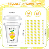 60 Set Plastic Cups Lemon Themed 14 Oz Disposable Clear Cups With Lids And Paper Straws For Lemon Themed Party Favor Supplies Decorations