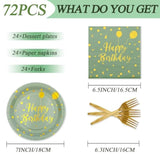 72Pcs Happy Birthday Paper Plates - Sage Green And Gold Tableware Set Include 7Inch Paper Plates 6.5 Inch Napkins And 6.3 Inch Forks Disposable Decoration Supplies For Birthday Party,Serve 24