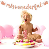 Rose Gold Glitter Miss Onederful Banner, Baby Girl'S 1St Birthday Bunting Sign, Happy 1St Birthday Party Decoration Supplies For Sweet Girl