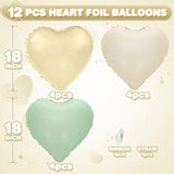 12pcs Sage Green & Gold Heart Balloons, 18" Mylar for Baby Shower Wedding Decor