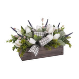 Spring Table Decor Faux White Tulips Arrangement, Spring Easter Tabletop Floral Centerpiece, Artificial Tulip Lavender Eucalyptus Boxwood And Bow In Rectangular Wood Box For Home Decoration, 14In