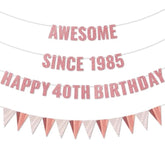 40Th Birthday Banner Decorations For Women, Pre-Strung Rose Gold Glitter Happy 40Th Birthday Awesome Since 1985 Funny Vintage Triangle Flags Sign Bday Party Supplies
