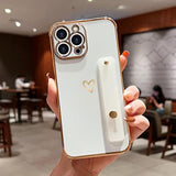 For Iphone 14 Pro Case For Women Girls, Bling Luxury Plated Bumper With Cute Love-Heart Design, Adjustable Hand Strap Stand, Raised Edges Shockproof Protection For Iphone 14 Pro - White