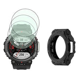 Watch Screen Protector (3+1Pack) Compatible For Amazfit T-Rex 2, Tempered Glass Film Anti-Scratch High Definition Full Coverage And Soft Tpu Protective Case, Black