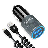 MFi Certified Fast Car Charger for iPhone, 3.1A Dual USB with Coiled Cable