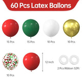 60-Pack 12-Inch Red, Green, and White Balloons with Confetti for Parties