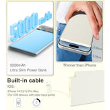 Thin Portable Charger For Phone With Built In Lightning Cable- 5000Mah Slim Travel Power Bank Compatible With Iphone 14/13/12/11/X/8/7/6/5 Series Thin Battery Pack (Not For Iphone 16 15 Series)