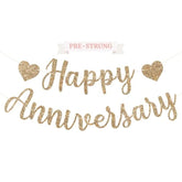 Pre-Strung Happy Anniversary Banner - No Diy - Gold Glitter Wedding Anniversary Party Banner In Script - Pre-Strung Garland On 6 Ft Strands - Wedding Decorations & Decor. Did We Mention No Diy