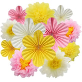 12Pcs Paper Flowers Fans Pink Yellow Party Decorations Tissue Paper Flowers Decorations For Girl Groovy Birthday Baby Shower Wedding Bachelorette Room Wall Hanging Décor