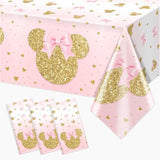 3 Pieces Pink Mouse Birthday Tablecover Gold Mouse Head Cartoon Plastic Party Tablecloth Disposable Table Decoration For Kids Girls