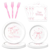 96PCS Pink Bow Birthday Party Supplies, Plates, Napkins & Forks for Girls' Celebration