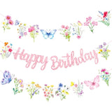 Wildflowers Happy Birthday Banners 3Pcs Pink Butterfly Theme Party Decorations For Women Girl Spring Birthday Baby Shower Supplies