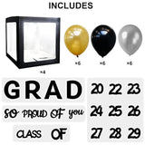 Class Of 2025 Graduation Decorations Black Graduation Balloon Box Kit, With Letters " Grad", So Proud Of You" And " Class Of 2025", Grad Party Decoration Supplies, With Black Gold Silvers Balloons