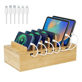 Bamboo Charging Station For Multiple Devices, Desk Docking Stations Organizer Compatible With Iphone Devices, Wood Charging Cell Phone Holder Stand (Includes 6 Cables) (No Power Supply)