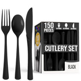 Party Solids Black Plastic Silverware Heavy Duty 150 Pieces Black Disposable Silverware Heavy Duty, Utensil Sets, 50 Of Each Forks, Knives & Spoons Disposable Cutlery Set For Party Supplies
