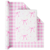 Pink Bow Reversible Wrapping Paper Roll - Mini Roll - 1 Roll 17" X33Ft Pink Bow Birthday Wrapping Paper Roll For Girls Kids Pink And White Plaid Design Gift Wrap Paper Pink Bow Party Favor