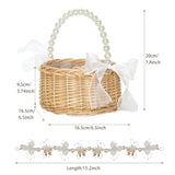 2 Set Wicker Flower Girl Basket & Headpiece, Willow Handwoven Basket With Pearl Handle And Bow Fairy Flower Basket,Wedding Flower Girl Hair Accessory Pearl Headband For Women