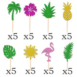 40Pcs Tropical Cupcake Toppers Glitter Leaf Pineapple Flower Palm Tree Flamingo Cupcake Picks Aloha Cake Decorations For Summer Hawaiian Aloha Baby Shower Birthday Wedding Party Cake Supplies