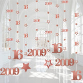 Pink Rose Gold Sweet 16 Party Decorations For Girls, Pre-Strung Glitter Twinkle Number 2009 16 Years Old Hanging Streamer Banner Party Supplies, Pink Happy 16Th Birthday Gifts Decor