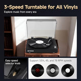 TR643 Vinyl Record Player, Wireless Turntable Player, 3-Speed Turntable for 33/45/78 RPM Records, Belt Drive, Auto Stop, RCA AUX Output, Headphone