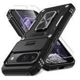 Case For Google Pixel 9/9 Pro With Slide Camera Cover+Screen Protector(1 Pack), Rotated Ring Kickstand Military Grade Shockproof Protective Cover-Black