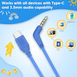 Usb C Headphones Kids For School, 3.5Mm Wired Headphones For Kids Lightweight On-Ear Headphones Built-In Mic, Safe Volume Limited For Girls/Boys/School,Travel,Cellphones,Tablets(Blue)