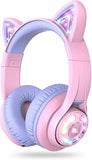 Cat Ear Kids Bluetooth Headphones, LED Lights Up, 74/85dBA Safe Volume Limited, 50H Playtime,Bluetooth 5.2, USB C,Kids Headphones Wireless Over Ear