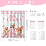 Merry Christmas Shower Curtain Pink Checked Cute Gingerbread-Man Shower Curtain With 12 Hooks Winter Snowflake Xmas Candy Bath Curtain For Christmas Kids Bathroom Decor, 72 X 72 Inch