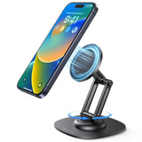 OMOTON 360°Rotating Magnetic Phone Stand for Desk, Adjustable Foldable Aluminum for MagSafe Cell Phone Stand Holder with Non-Slip Base, for iPhone 16/15/14/13 Pro Max/MagSafe Case- Black