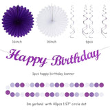 Purple Lilac-Lavender White Women Birthday Party-Decorations - 21Pcs Happy Banner,Paper Lanterns,Tissue Pom Poms Flower Fan,Honeycomb Ball,Hanging Streamers Garland, Girls Decor Supplies