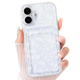 Compatible With Iphone 16 Case Clear With Card Holder Cute Flower Floral Leave Pattern For Women Girl Shock Absorbing Soft Tpu Wallet Case Protective Phone Cover - White