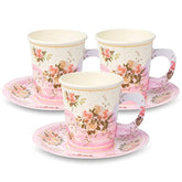 Paper Tea Cup Set, 24 Disposable Teacups With Handles & Saucers, Floral Design For Hot & Cold Drinks, Tea Party Decorations, Tableware