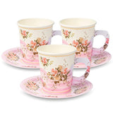Paper Tea Cup Set, 24 Disposable Teacups With Handles & Saucers, Floral Design For Hot & Cold Drinks, Tea Party Decorations, Tableware