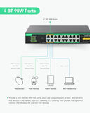 16 Ports Ultrareach Poe Switch With Remotely Cloud Management, Up To 2600Ft Long Range Poe & Data Transmission, 4* Bt 90W & 12* At 30W Ports, Built-In 300W Power Adapter