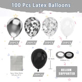 100Pc 12" Black, Metallic Silver, & Glitter Confetti Balloons Set Party Decor