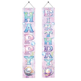 2Pcs Happy Birthday Hanging Banner Porch Sign Mermaid Seashell Decorations Birthday Front Door Wall For Girls Kids Welcome Holiday Party Supplies Children Classroom 71 X 12 Inch