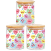 3Pcs Valentine Glass Storage Jars With Airtight Lid Pastel Conversation Heart Decorative Canisters Sets For Home Kitchen Countertop