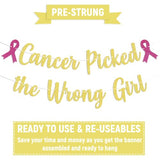 Cancer Picked the Wrong Girl Banner - Cancer Free Decor,Peace Out Chemo Breast Cancer Awareness Party Decorations Gold Glitter