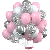 Pink Balloons Set, 60 Pcs Pink & White, Silver Metallic & Confetti, Latex, Birthday Party Decorations, Pink Party Decorations