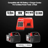 2 Pack 5.0Ah Replacement For Milwaukee M18 Lithium Ion Battery 48-11-1850 And Charger Combo, Compatible With Milwaukee M18 Cordless Power Tools 18V Lithium Battery, And Milwaukee 18V Battery Charger