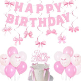 28pcs Pink Bow Birthday Decorations with Banner, Swirls, Balloons & Garland