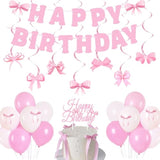 28pcs Pink Bow Birthday Decorations with Banner, Swirls, Balloons & Garland