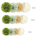 Sage Olive Green Tissue Paper Pom Poms,Hanging Olive Green Tan Paper Flowers For Bridal Baby Shower Woodland Wild Jungle Birthday Party Decorations,12Pcs