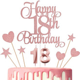 18th Birthday Cake Decorations Set with Numeral Candles & Glitter Toppers Rose Gold