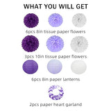 White Purple Party Decorations - 17Pcs Tissue Pom Poms Paper Flowers Lanterns Birthday Valentines Day Decorations Baby Girl Shower Women Bridal Wedding Engagement Bachelorette Graduation Hanging Decor